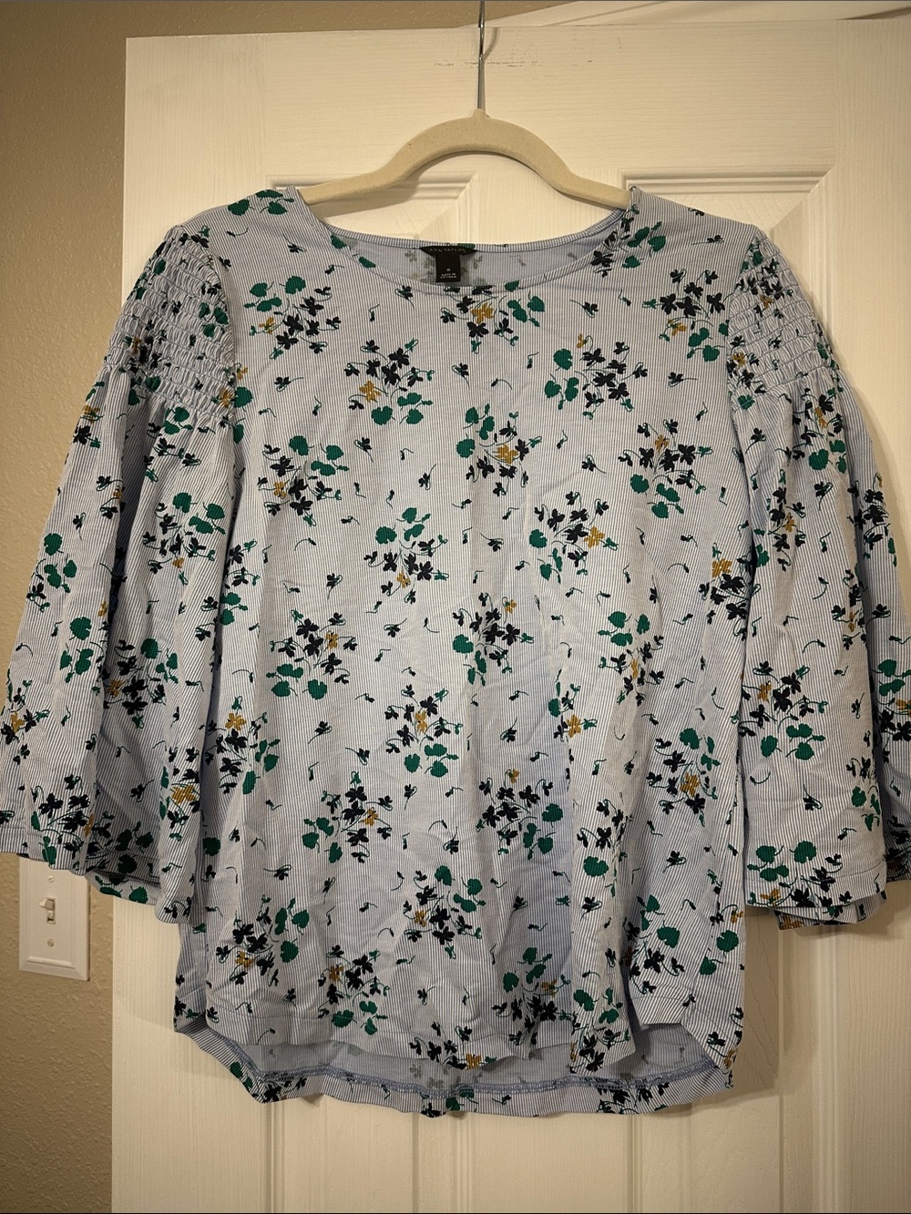 Ann Taylor Light Blue Floral Smocked-Sleeve Blouse